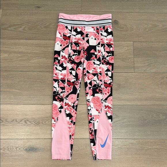 NIKE Girls Pink Black Dri-Fit Floral Abstract Printed Tight Fit Leggings Size L - Picture 2 of 14